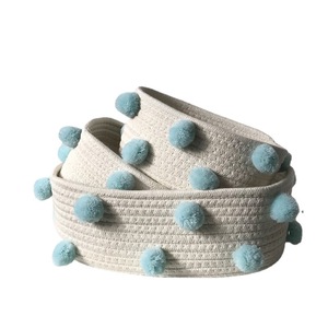 Cotton Rope Storage <b>Basket</b> Rectangle <b>Small</b> Size With Pink Pom Poms For Desk Organization - Product Image 5