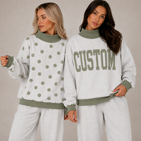 Ensemble de survêtement personnalisé en molleton bouclette pour femme, avec sweat-shirt oversize réversible à col montant imprimé pois et broderies, et pantalon de survêtement