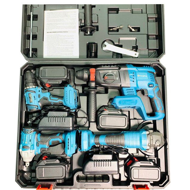 4pcs DIY Grade Brushless Cordless Electric Hammer Drill Set 800W Impact Wrench & Angle Grinder for Household Power Tool Use