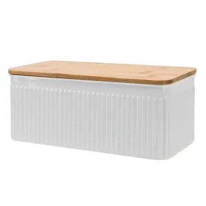 Kotak roti putih, kotak roti putih, penghemat ruang, kotak roti Farmhouse, penyimpanan roti dengan tutup talenan bambu untuk meja dapur