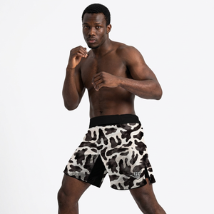 Shorts de MMA Nogi noir et blanc camouflage, impression par sublimation, évacuation de l'humidité, coupe athlétique, vêtements d'arts martiaux mixtes - Product Image 1