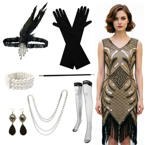 Vestido Retro de los Años 20 con Lentejuelas y Cuentas, Estilo Gatsby, Talla Grande, Conjunto de Disfraz para Mujer con Guantes, Collar, Ocho Piezas - Product Image 2