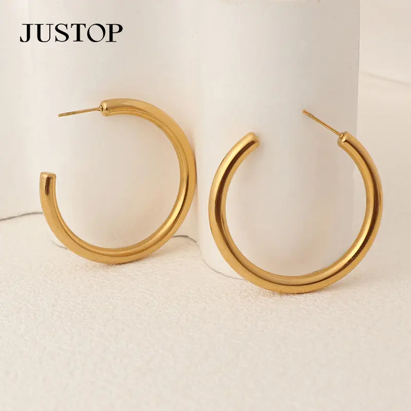 Fashion Earrings 18K Gold Plated Stainless Steel Hypoallergenic Big Statement Hollow Light Circle Huggie Hoop Earrings