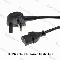Câble d'alimentation UK vers C17, cordon d'alimentation CA IEC320, cordon d'alimentation BS IEC, PVC noir + cuivre, âme carrée 2*0,75 mm², 1,5 m, 1 prise, OEM, appareil électroménager