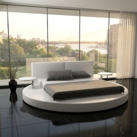 Lit Rond Moderne Rembourré avec Plateforme Circulaire, Table d'Appoint Intégrée, Base Basse, Tête de Lit à 2 Panneaux en Cuir pour Appartement et Hôtel