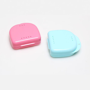 Plastic Denture <b>Case</b> With Holes Small Storage Box For Dental <b>Retainer</b> And Denture Care Blue Pink Colors - Product Image 1