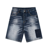 Nouveau style Short en jean imprimé effet éclaboussures d'encre, coupe droite, décontracté d'été, style urbain, pour homme, en coton, Y2K, patchwork déchiré