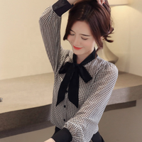 Chemise à manches lanternes tendance pour femmes, automne-printemps, col à nœud, boutonnage simple, chemises de travail de bureau, chemises à carreaux vintage