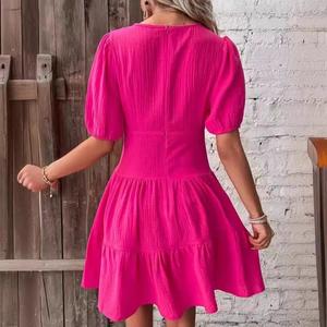 Robe d'été décontractée à manches courtes pour femme, col en V profond, couleur rouge <span class=keywords><strong>rose</strong></span> unie, élégante - Product Image 3