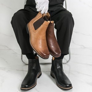 Bottes de cowboy classiques pour hommes, bottes Chelsea à bout carré noires pour hommes, bottes en cuir à la cheville, bottes décontractées rétro élégantes pour hommes - Product Image 4