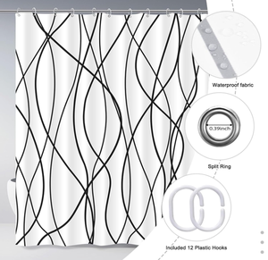 <span class=keywords><strong>Rideau</strong></span> <span class=keywords><strong>de</strong></span> <span class=keywords><strong>douche</strong></span> en polyester à rayures ondulées noires <span class=keywords><strong>et</strong></span> blanches pour salle <span class=keywords><strong>de</strong></span> bain avec crochets, accessoires <span class=keywords><strong>de</strong></span> bain imperméables, style hôtel - Product Image 4