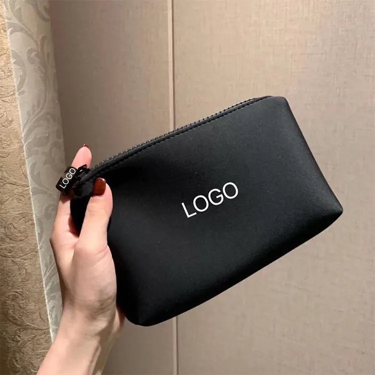 Hot Sale Fashion Custom Logo Small Black Neoprene Toiletry Cosmetic Pouch Makeup Bags