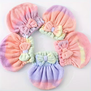 Bonnet <span class=keywords><strong>de</strong></span> séchage en polaire corail, séchage rapide et absorbant, personnalisable en gros, serviette <span class=keywords><strong>de</strong></span> séchage en microfibre avec nœud papillon - Product Image 3