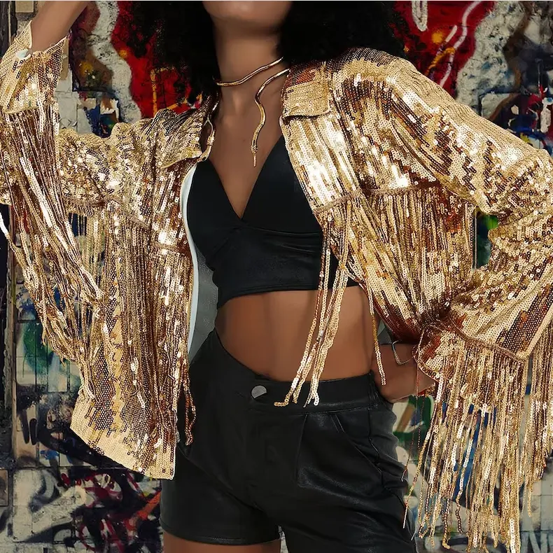 Disco Tassel Cowgirl Chaqueta con flecos Streetwear Festival Chaqueta de lentejuelas