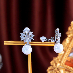 Boucles d'Oreilles de Mariage à Clipser en Zirconium Cubique Pavé, sans Trou, Fleurs et Perles pour Femme - Product Image 4