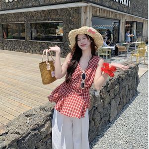 <b>Red</b> Plaid V-Neck <b>Vest</b> Women Summer Slim Fit Pleated Camisole <b>Top</b> Chic Outerwear Solid Color Twist Design - Product Image 2