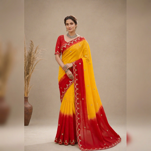"Wholesale Indian Yellow <b>Red</b> Tie Dye Silk Organza <b>Saree</b> Hand Embroidered Bridal Wedding Wear Sari Partywear Women Clothing" - Product Image 1