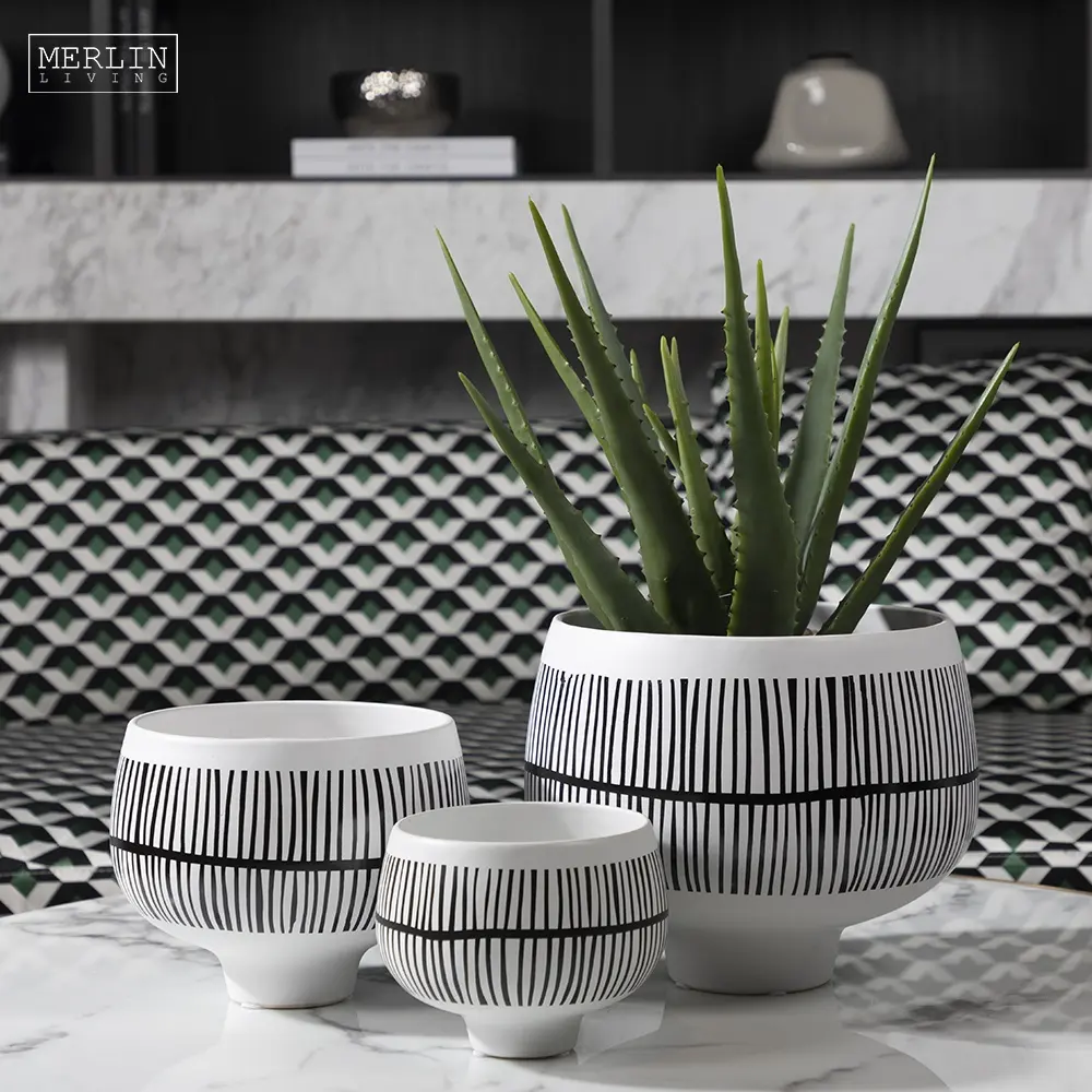 Nordic Decorative big white ceramic flower pots in bulk black stripe decal indoor plant pot for home decor accessories pieces