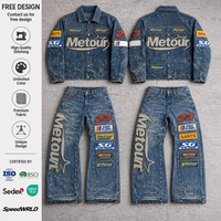 Ensemble de survêtement décontracté pour homme avec logo brodé appliqué personnalisé, effet délavé, veste délavée au soleil et jean en denim, style streetwear vieilli