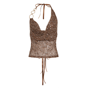 Top sexy respirant en tissu tissé, col halter, avec détail drapé, pour femmes, idéal pour sortir, camisole d'été - Product Image 6