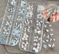 Hiasan Kuku Shell Nail Charms 12 Grid/set Tema Laut Bintang Laut Kerang Mutiara Biru Perak Holografik Aksesoris Seni Kuku Rhinestone