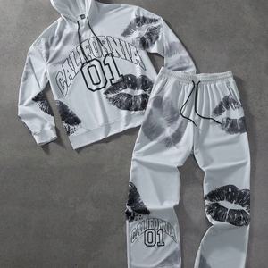 Conjunto de Sudadera con Capucha y Pantalones Deportivos Personalizados con Estampado Gráfico del Alfabeto Hip Hop, Estilo Urbano, Casual, Holgado, para Otoño - Product Image 2