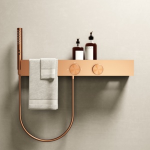 Sistema de Ducha Termostático de Latón de Lujo en Oro Rosa, Empotrado en Pared, con Mezclador, Rociador de Lluvia, Estante de Almacenamiento y Toallero - Product Image 3