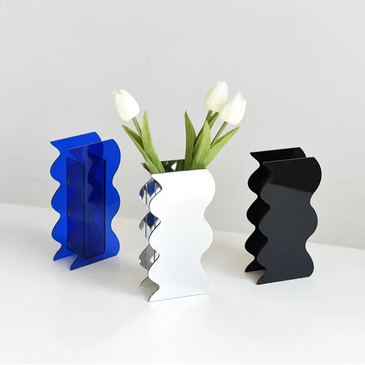 현대 가정 장식 아크릴 거울 꽃병 웨이브 모양 탁상 꽃 장식