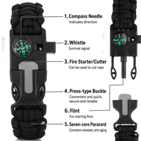 Gelang Paracord Multifungsi 5-in-1 Pemantik Api Kompas Peluit Perlengkapan Darurat untuk Berkemah dan Mendaki Gunung