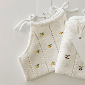 Tutina estiva lavorata a maglia con ricamo di frutta in morbido cotone organico <span class=keywords><strong>senza</strong></span> <span class=keywords><strong>maniche</strong></span> tuta neonata - Product Image 6