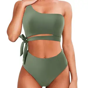 Factory Women Tie Waist Bikini Set Fitness Bathing Suits One Shoulder Cut Out Beach Swimsuit Swimwear
