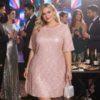 Robe Courte de Soirée Formelle à Paillettes, Coupe Droite, Manches Courtes, Grande Taille, Personnalisée OEM ODM