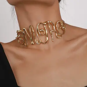 Fashion custom Letter word MORE Choker Necklace Retro Gold Color Metal flower Chain Necklace Collar Jewelry For Women