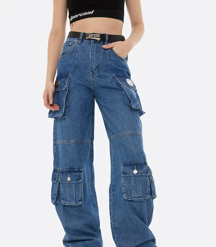 Pockets Baggy Jeans Fashion Streetwear 100% Cotton Women Denim Trouser Loose Cargo Pants Korean Jeans