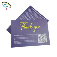Cartes de remerciement personnalisées avec logo en or mat violet et code QR pour les réseaux sociaux, pour les commentaires des clients
