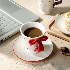 Customized Bow-Tie Porcelain Coffee <b>Cup</b> <b>Saucer</b> Set Floral Polka Dot Design Hand-Painted Classic Aesthetic Eco-Friendly - Product Image 4