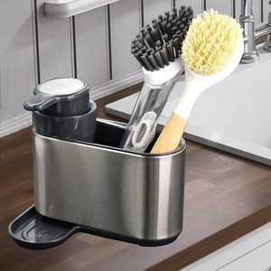 Stainless Steel <b>Standing</b> Type Kitchen Sink Organizer Caddy with Soap Dispenser Silver Classic Design Detachable Storage Rack - Product Image 3