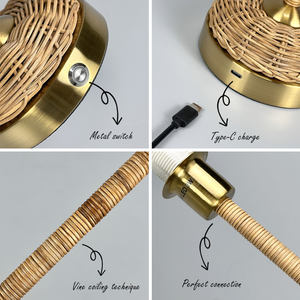 <strong>Bamboo</strong> Rechargeable Table <strong>Lamp</strong> Woven Rattan <strong>Shade</strong> Iron Base Eco Natural Coastal Farmhouse Living Room Hotel LED Table <strong>Lamp</strong> - Product Image 4
