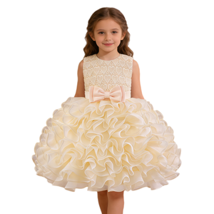 Abito da <span class=keywords><strong>Cerimonia</strong></span> per Bambina con Cuore in Pizzo e Fiore, Vestito Formale in Raso e Pizzo con Fiocco, Abbigliamento per Bambini all'Ingrosso - Product Image 1