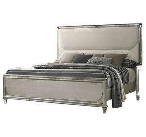 เตียงนอนหรูหราหุ้มผ้าสีเงินลายไม้สไตล์โมเดิร์นขนาดคิงไซส์ พร้อมไฟ LED 2 ดวง โต๊ะข้างเตียงแบบมีลวดลาย ชุดเฟอร์นิเจอร์ห้องนอน 3 ชิ้น - Product Image 3