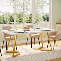 Table de salle à manger rectangulaire blanche Tribesigns avec pieds en métal doré robustes, table de salle à manger pour 8 personnes, mobilier de restaurant