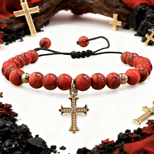 Braccialetti Unisex con Ciondolo a Croce '<span class=keywords><strong>Dio</strong></span> <span class=keywords><strong>Ti</strong></span> <span class=keywords><strong>Benedica</strong></span>', Perline in Pietra, Forma Rotonda, Corda Intrecciata Rossa e Nera, Regalo per Battesimo - Product Image 2