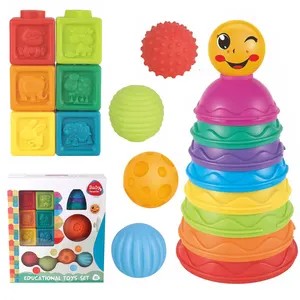 Educational Set Rainbow Soft Silicone Teether Squeeze Cube Block Ball Sorting Nesting Stacking Cups Baby toy for 6 to 12 Months