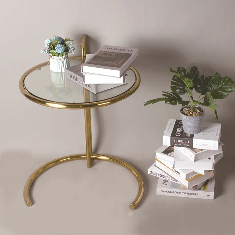 Серебряный стол с регулируемой высотой из закаленного стекла, круглый стеклянный стол, рама из нержавеющей стали, современный кофейный диван, боковой чайный столик