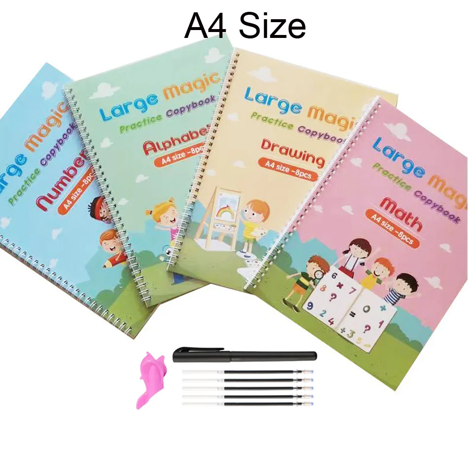 एमयू नई बड़ी ए4 मैजिक 4 बुक पुन: प्रयोज्य पेन के साथ हाथ से लेखन अभ्यास कॉपीबुक अंग्रेजी जर्मनी जादुई ट्रेसिंग बुक्स सेट बच्चों के लिए