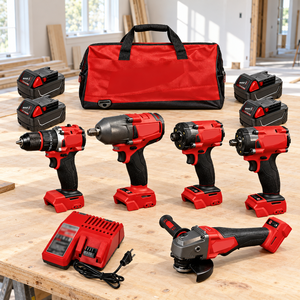 Ensemble d'outils électriques sans fil à batterie lithium-ion rouge 10-en-1 avec 4 batteries 5Ah Garantie de 12 mois Modèle 60 - Product Image 1