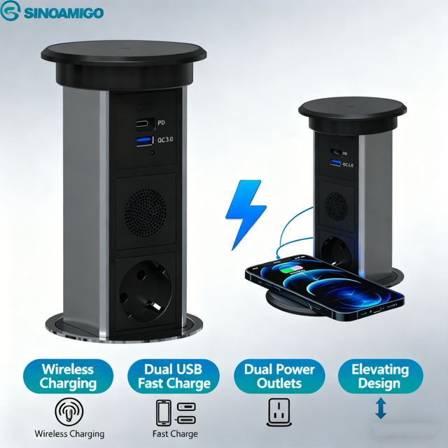 SINOAMIGO Customised Pop-Up Outlet Tower and Aluminum Kitchen Table Power Socket With Wireless Charger Desktop Pop-Up Sockets