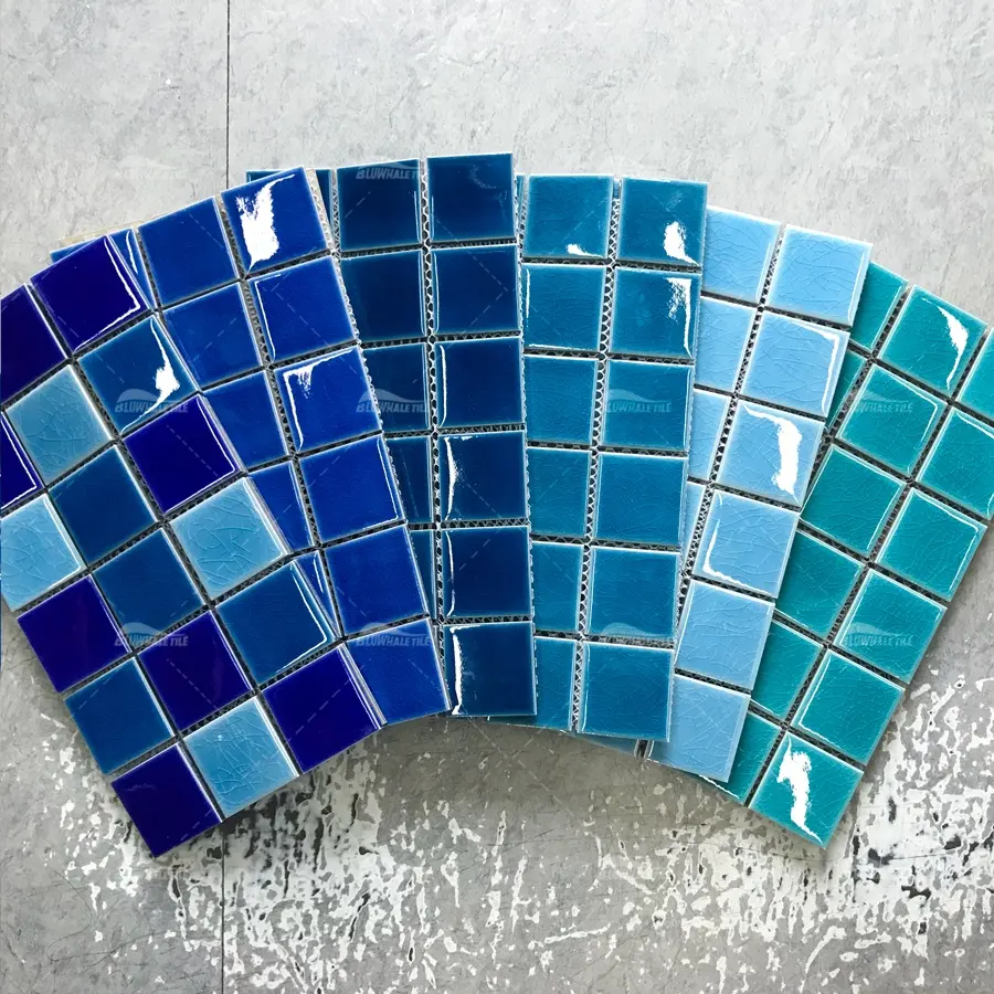 Foshan Cheap Price Custom Bathroom 48x48 Glossy Square Crackle Glazed Ceramic Porcelain Blue Swimming Pool Tile Mosaic Supplier