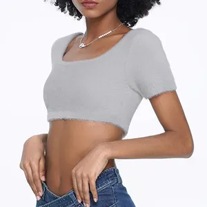 Wholesale Y2K Short Sleeve Round Neck Mink Velvet Crop Top T Shirt For Women Custom Sexy Cropped Tee Women