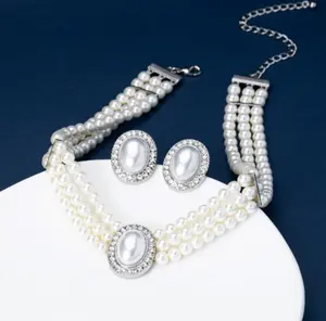 奢华优雅镀铂金锆石女耳环复古风格玻璃珍珠耳环项链套装